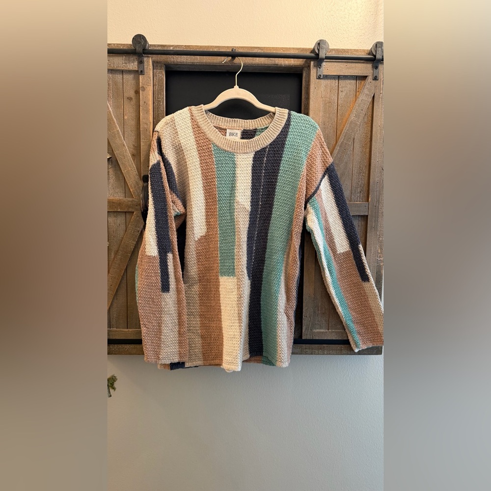 BKE Multicolor Textured Crewneck Sweater — Beige, Teal & Navy LIKE NEW NO SNAGS